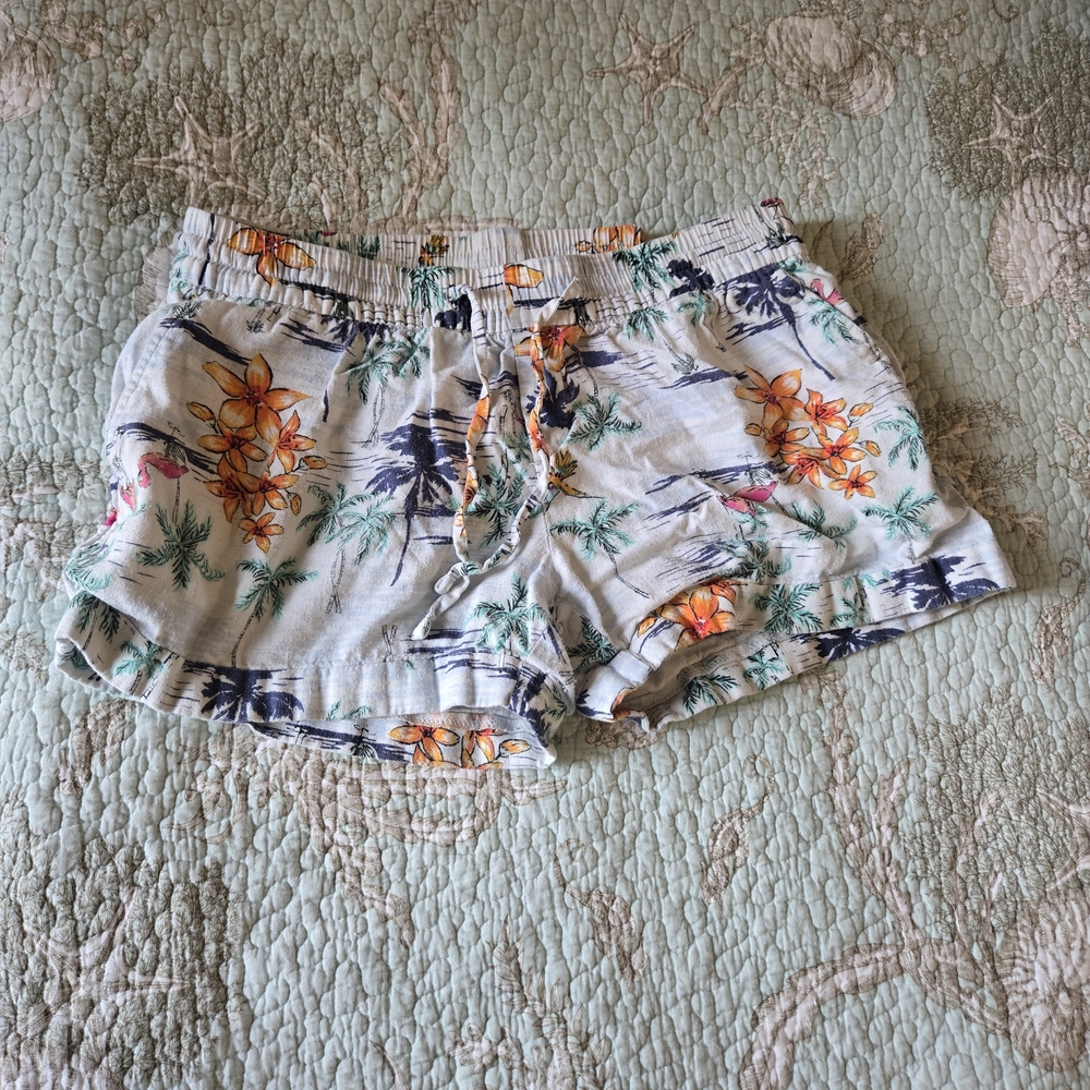 Old Navy White Floral Tropical Drawstring Linen Blend Shorts